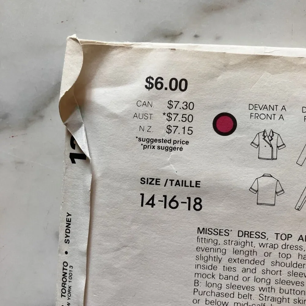Uncut Vogue 1291 Women’s Dress Pattern Size 14, 16 Or‎ 18 1980’s Vintage